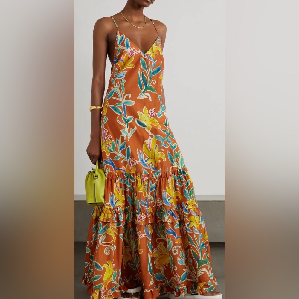 LA DoubleJ Rust Floral Tiered Maxi Skirt with Yellow and Teal Motif (worn twice)